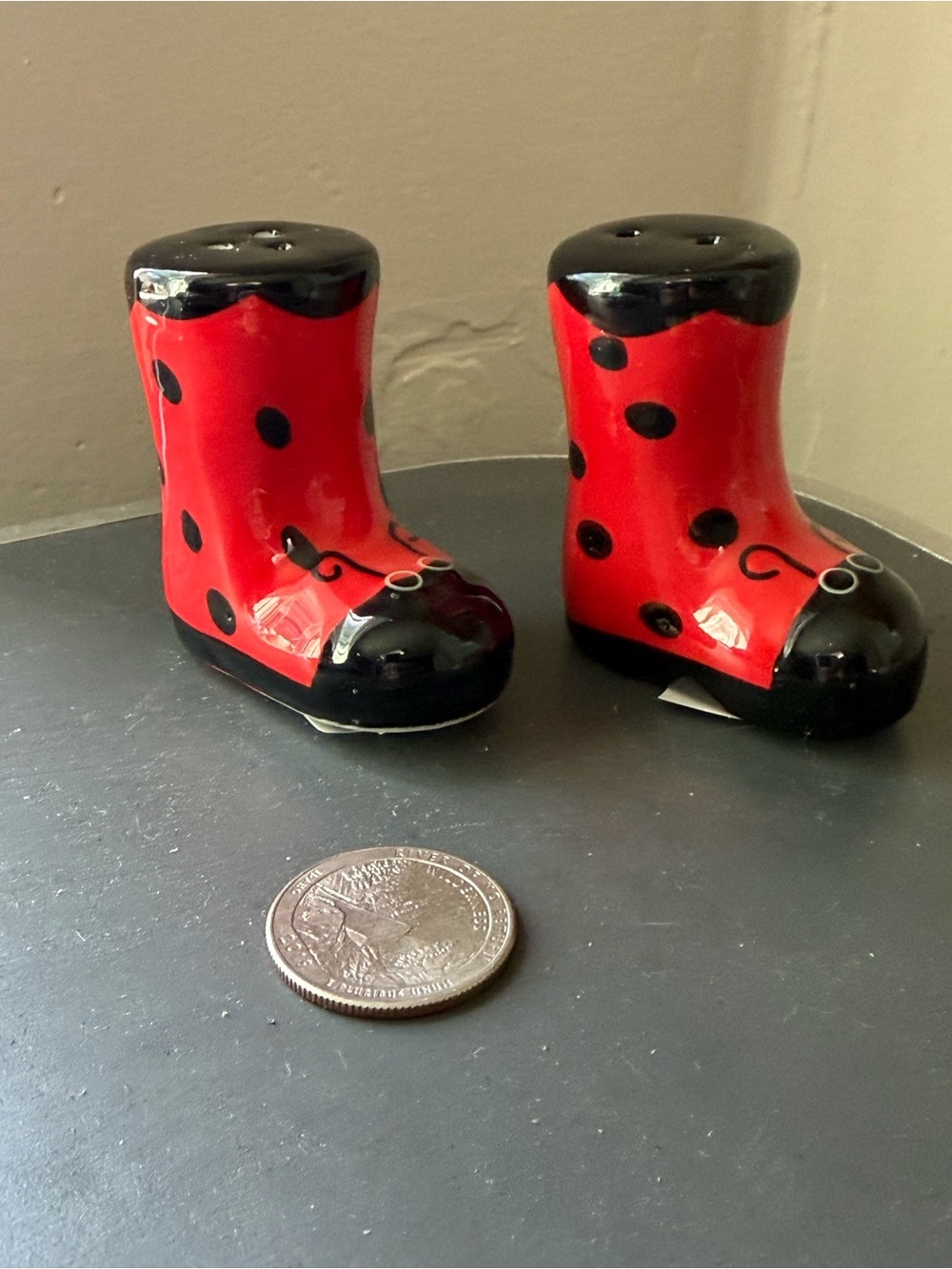 Cracker Barrel Mini salt and pepper shaker- lady bug rain boots